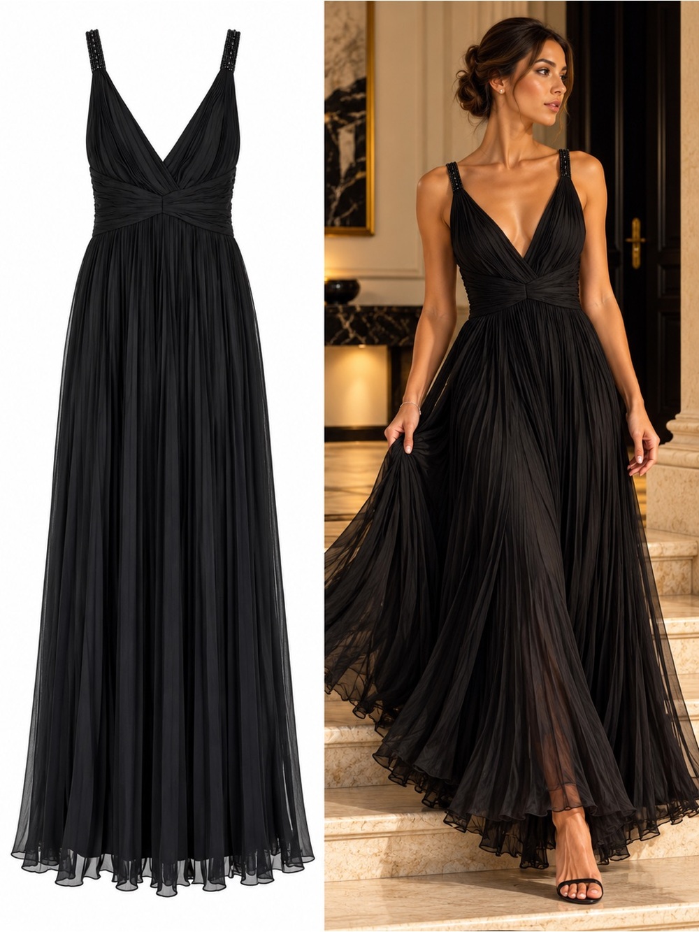 Oleg Cassini Black Tie 100% Silk Beaded Pleated Evening Gown Size 8